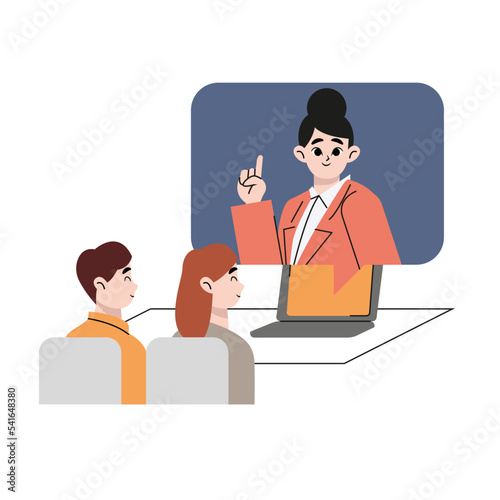 Illustration of a business woman explaining to a couple online. Flat vector illustration isolated on white background