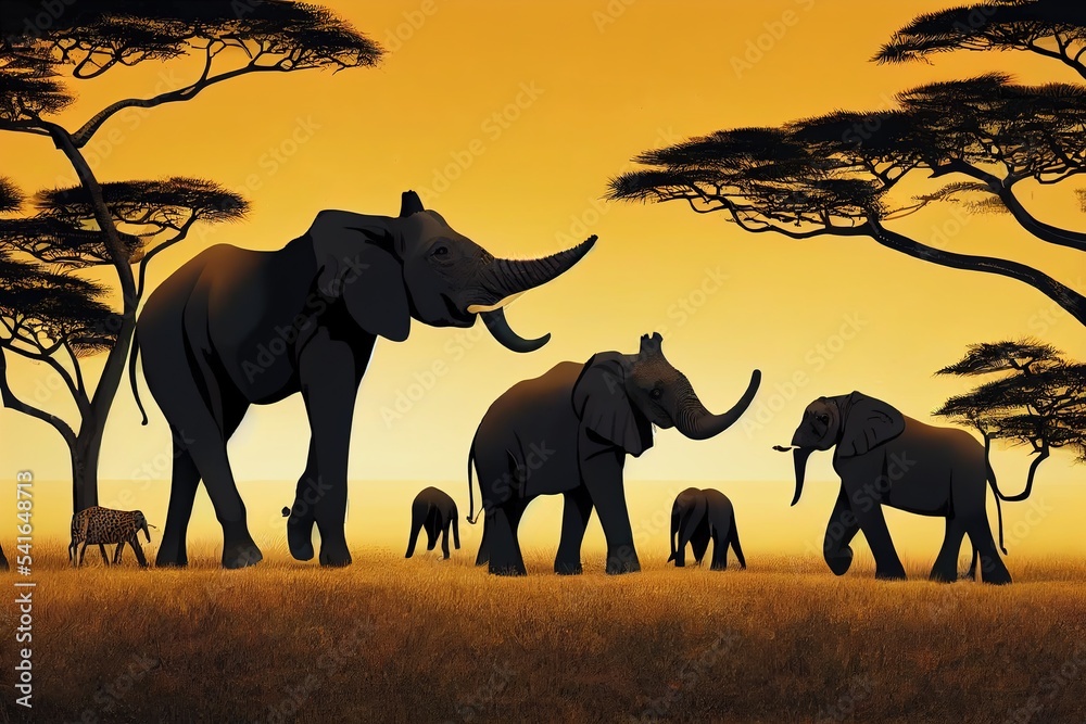 African animals over map of Africa. Safari sunset. Savanna wildlife