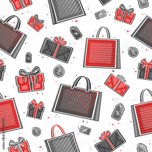 Vector Black Friday seamless pattern, square repeating background with illustrations of red paper bags, gift boxes and decorative price tags on white background, wrapping paper for black friday sale