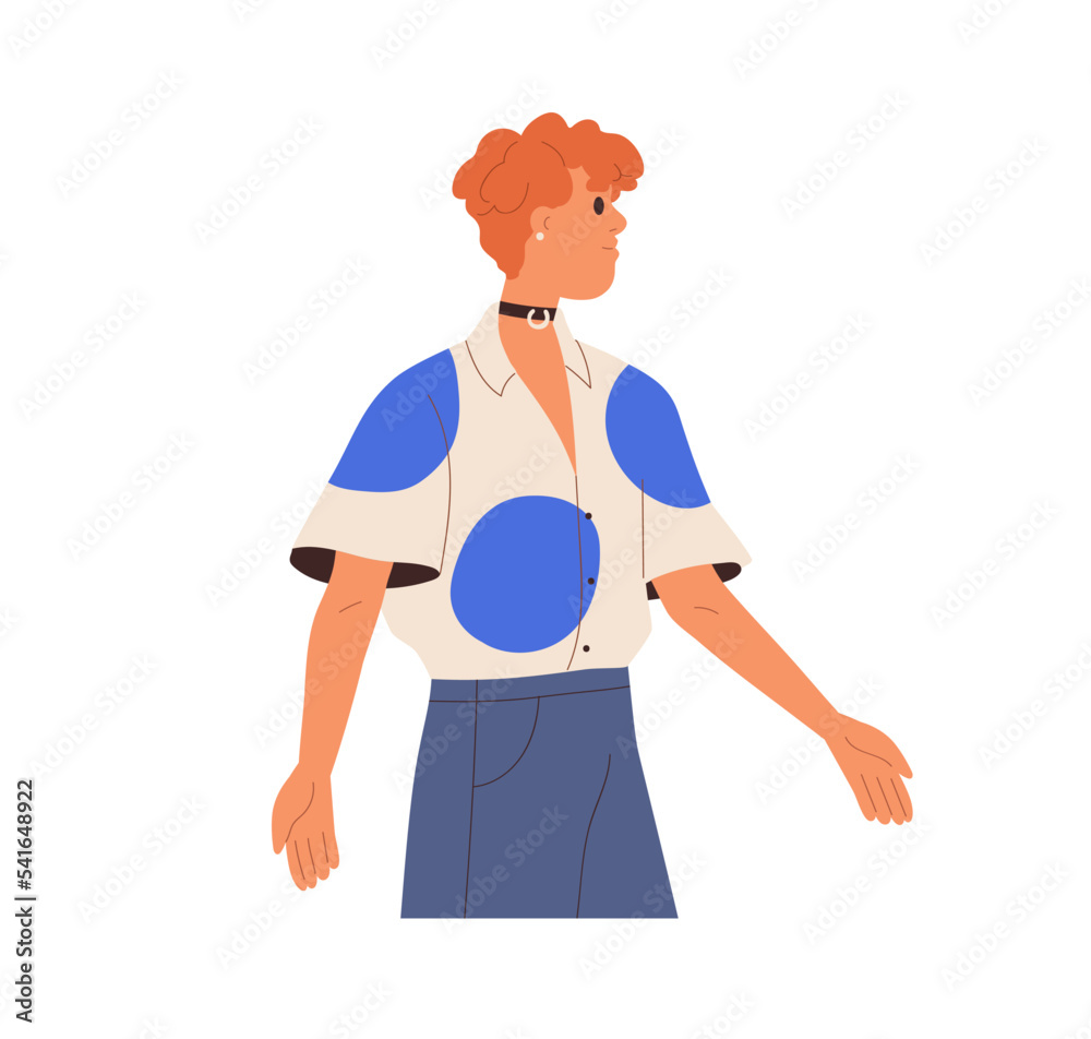 Modern young person in fashion outfit, ring leather collar. Trendy man wearing stylish apparel, accessories, shirt, earrings and necklace. Flat vector illustration isolated on white background Modern young person in fashion outfit, ring leather collar. Trendy man wearing stylish apparel, accessories, shirt, earrings and necklace. Flat vector illustration isolated on white background