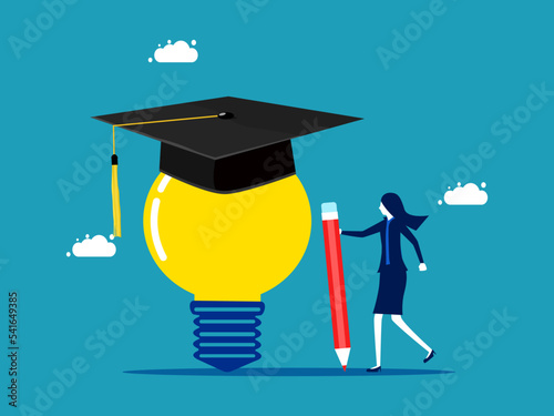 Learning intelligence. businesswoman standing with a pencil and a light bulb wearing a graduation cap vector