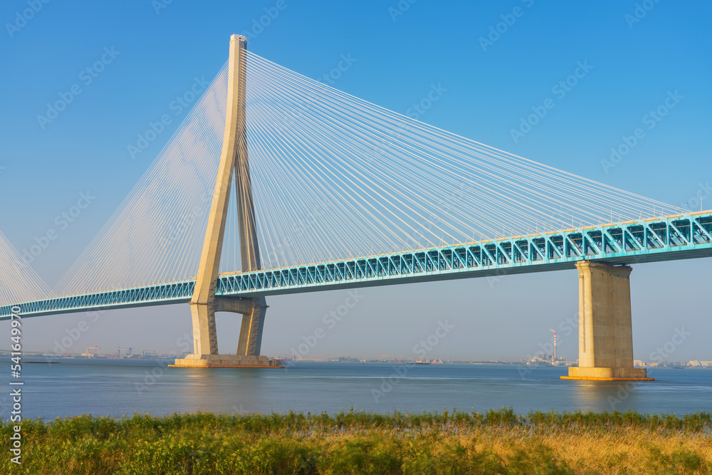 China Cable stayed Yangtze River Bridge and Natural Scenery of Yangtze River Beach