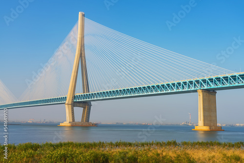 China Cable stayed Yangtze River Bridge and Natural Scenery of Yangtze River Beach © q