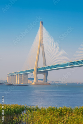 China Cable stayed Yangtze River Bridge and Natural Scenery of Yangtze River Beach © q
