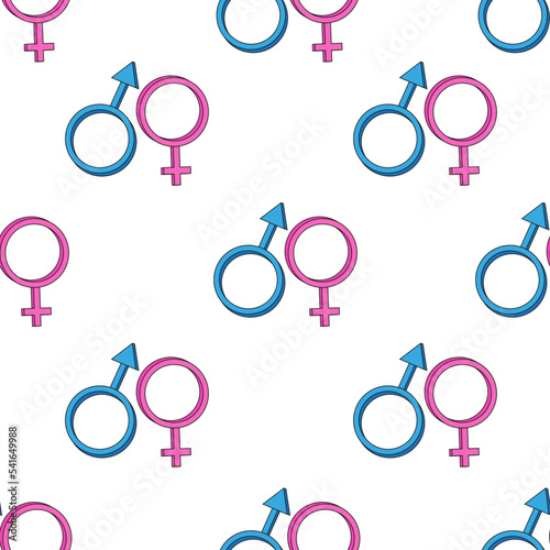 Male and female symbols on white background. Seamless pattern with pink and blue male and female sings. Backdrop with woman and man symbol. Creative design wallpaper print for wedding agency.