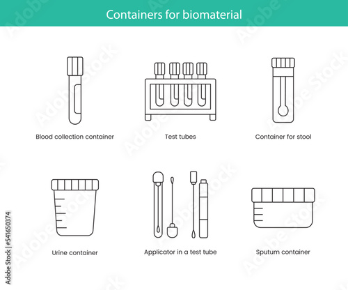 Containers for biomaterial a set of line icons in vector, illustrations of containers for blood and feces, urine and saliva, applicator in tube.