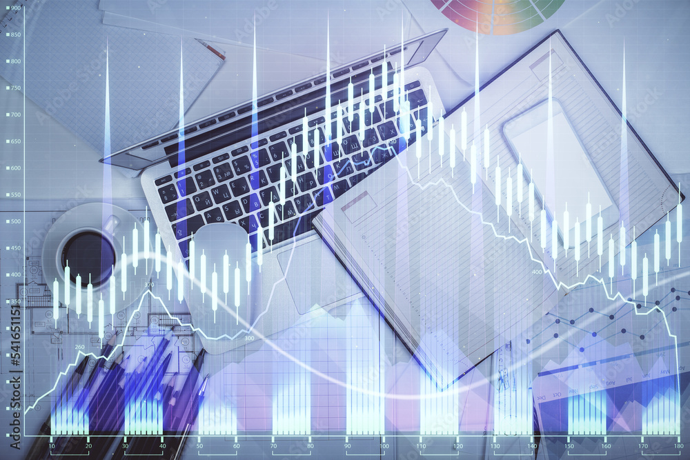 Multi exposure of forex chart drawing over table background with computer. Concept of financial research and analysis. Top view. Multi exposure of forex chart drawing over table background with computer. Concept of financial research and analysis. Top view.