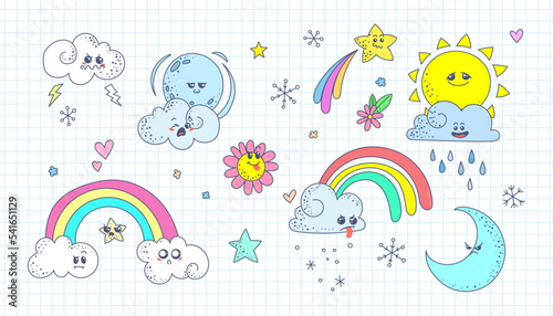 Cute doodle weather set. Kawaii emotional weather forecast. Cute sun, moon and happy clouds