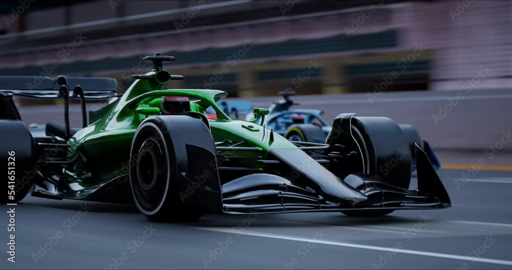 Side View of the Blue Racing Car Driving on Winding Race Track to the Finish Line. Racing go Karts Competition. Speed and Sport Concept. 3D Rendering 