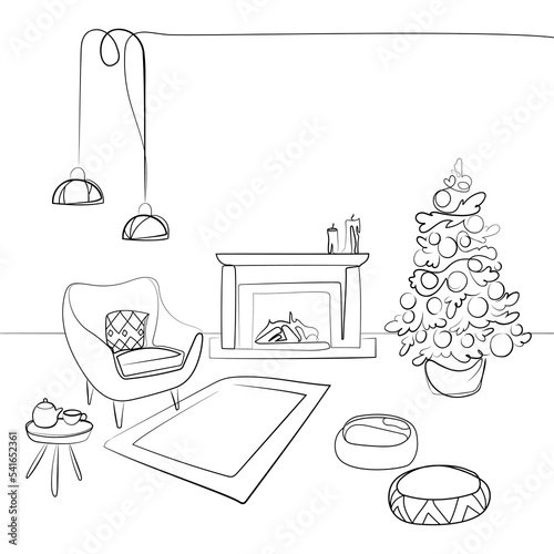 Living room Christmas interior design with fireplace, christmas tree and comfortable armchair vector line drawing, black and white sketch. Cozy atmosphere in the house. Modern interior with fireplace