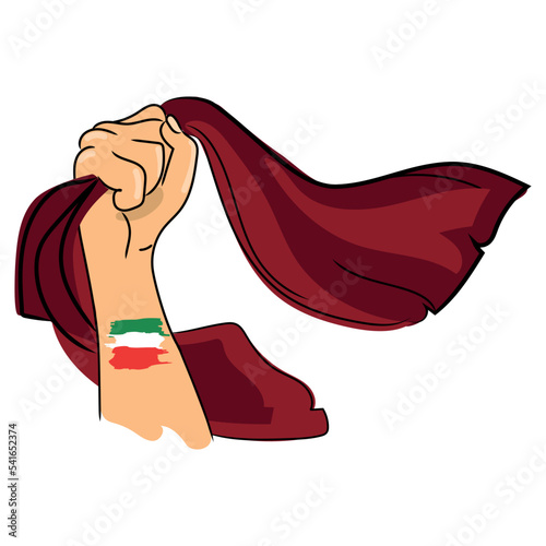 Iranian protest against hijab concept.Woman hand holding airborne hijab with flag of Iran on hand vector poster,banner,sign.Freedom to women in Iran.protest concept.Union, straggle,feminism movement photo