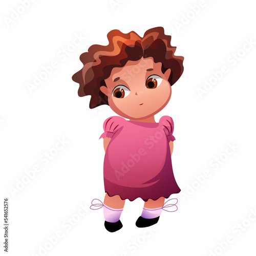 Vector modest girl in a pink dress. The shy girl smiles sweetly. Curly hair on baby.