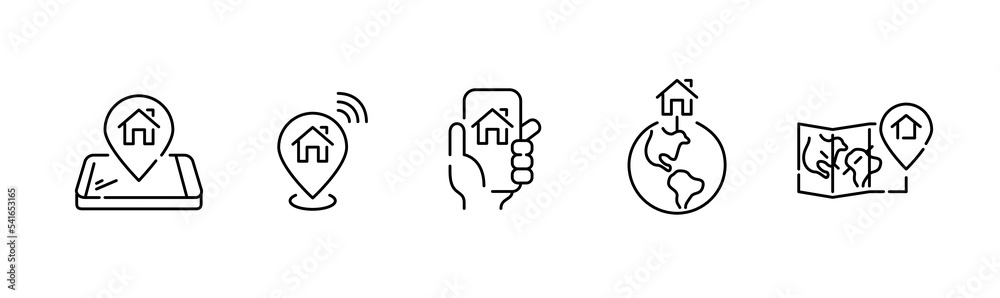Set of home location icons. Pointer on smart phone, earth globe and on map. Pixel perfect, editable stroke art Set of home location icons. Pointer on smart phone, earth globe and on map. Pixel perfect, editable stroke art