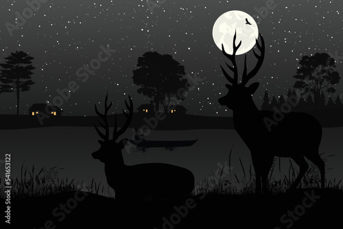 cute deer and moon silhouette landscape