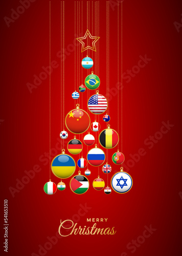 Christmas tree with national flags, world peace without wars. Vector illustration, greeting card.