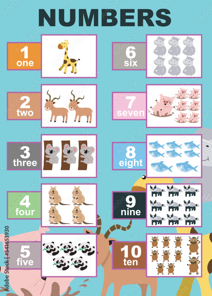 Obraz premium Learning numbers and English poster. Learning 1 to ten. Counting animals. Educational sheet for preschool. Vector illustration file.