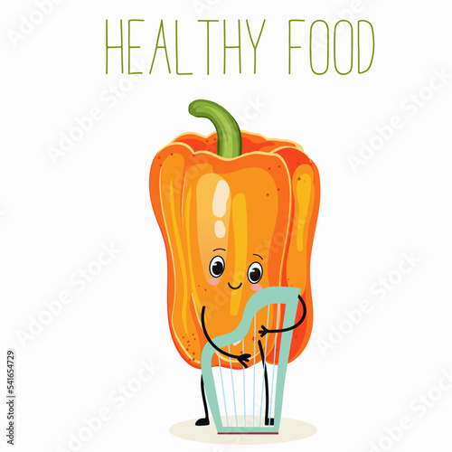 Vector illustration of bell pepper cartoon character playing harp musical instrument, healthy food, ingredient.
