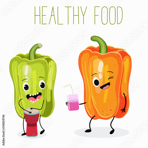 Vector illustration of a cartoon character a couple of bell peppers having fun, playing the ethnic, African drum, sipping a cocktail. Healthy food, ingredient, design for children's t-shirt.