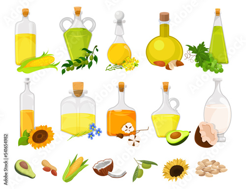 Natural Vegetable Oil Poured in Glass Corked Jars with Ingredients Big Vector Set