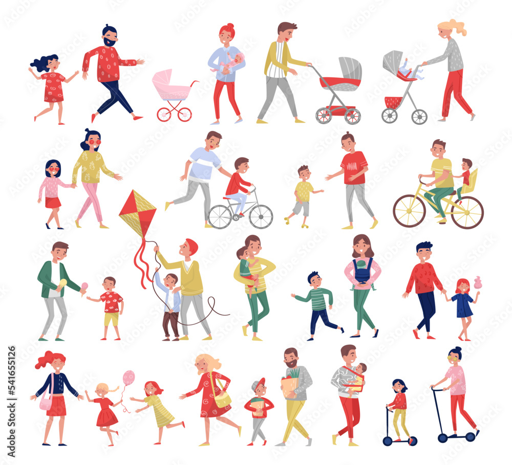 Parents with Kids Walking in the Park Enjoying Weekend and Recreation Activity Big Vector Set
