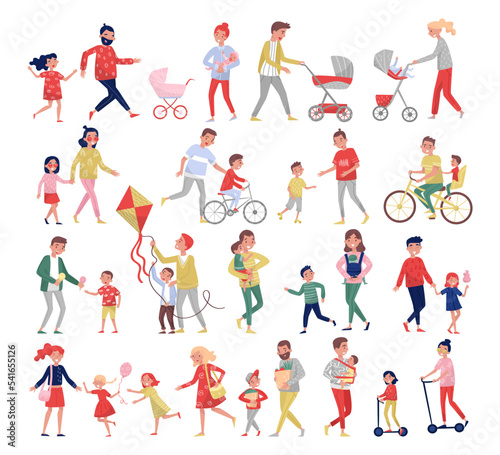 Parents with Kids Walking in the Park Enjoying Weekend and Recreation Activity Big Vector Set