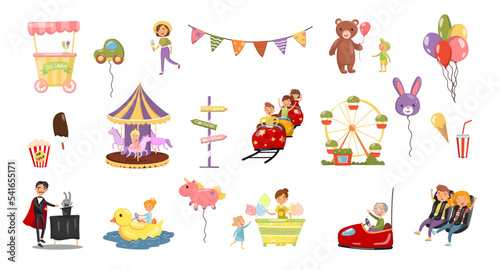 Amusement Park with People Riding Roller Coaster, Magician Showing Trick, Driving Car and Buying Candy Floss Vector Big Set