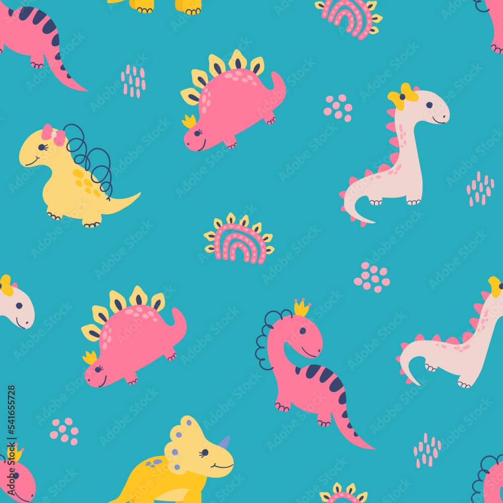 Seamless pattern with dino girls. Design for fabric, textile, wallpaper, packaging.