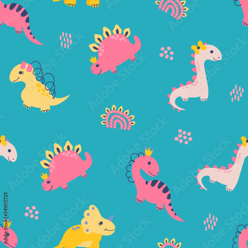 Seamless pattern with dino girls. Design for fabric  textile  wallpaper  packaging.