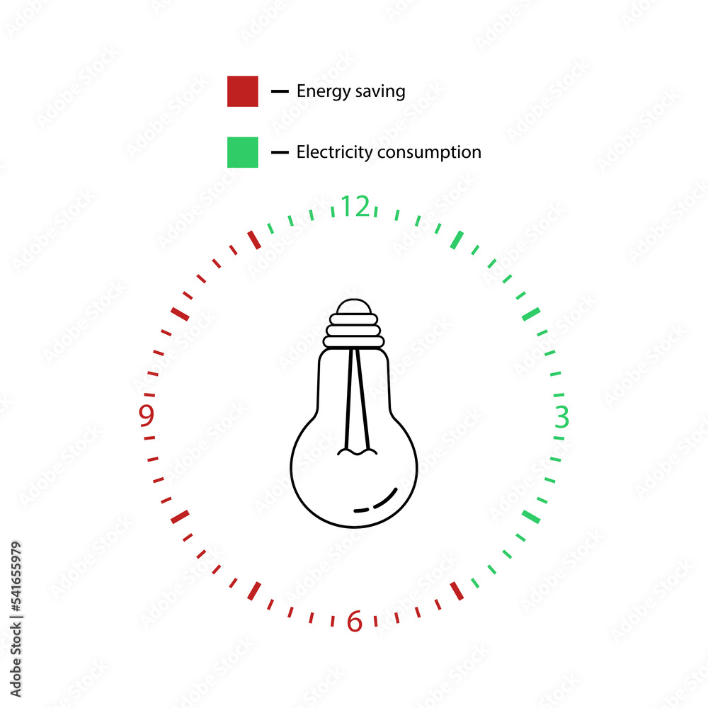 Linear icon of a light bulb in a clock face, saving electricity. Infographic vector icon isolated on white.