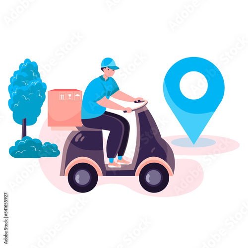 Delivery service concept. Courier on motorbike carriers parcel box to client home. Express shipping, distribution, logistic character scene. Illustration in flat design with people activities