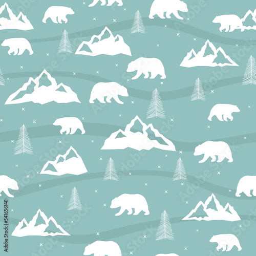 Cute seamless pattern with winter polar bear. Mountains in the background. Ideal for background paper or textiles.