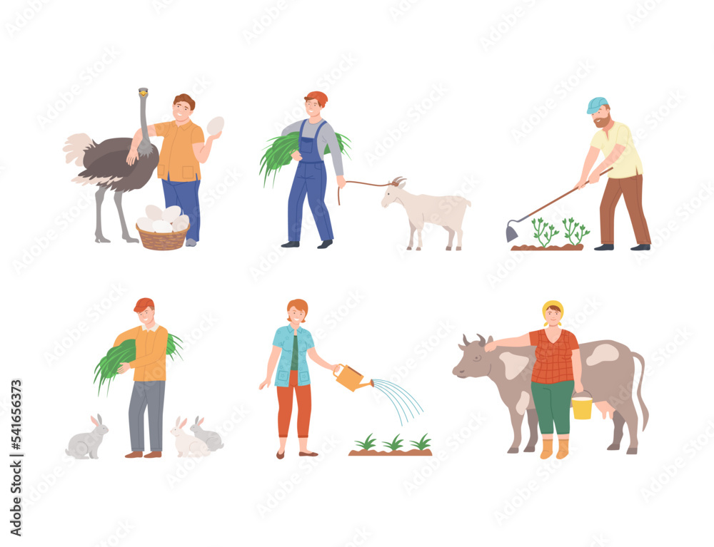 Farmers working on farm set. Agricultural workers caring of farm animals, watering plants, milking cow cartoon vector illustration Farmers working on farm set. Agricultural workers caring of farm animals, watering plants, milking cow cartoon vector illustration