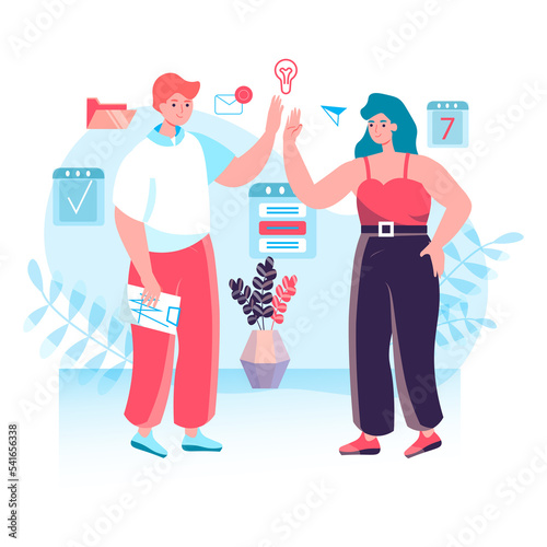 Business process concept. Analyst team research statistics and analyzes data together. Optimization and develops strategy character scene. Illustration in flat design with people activities