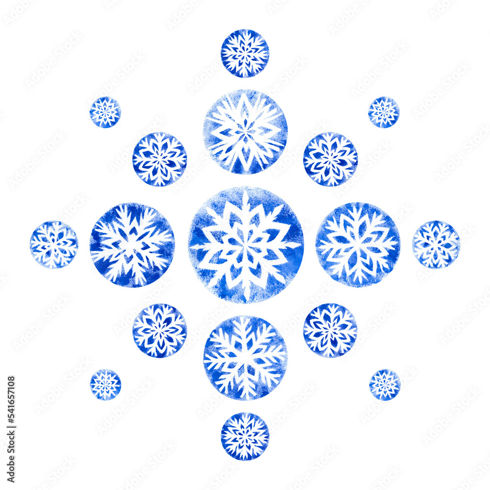Snowflakes watercolor illustration. Winter patterns isolated on white background. Snow window.