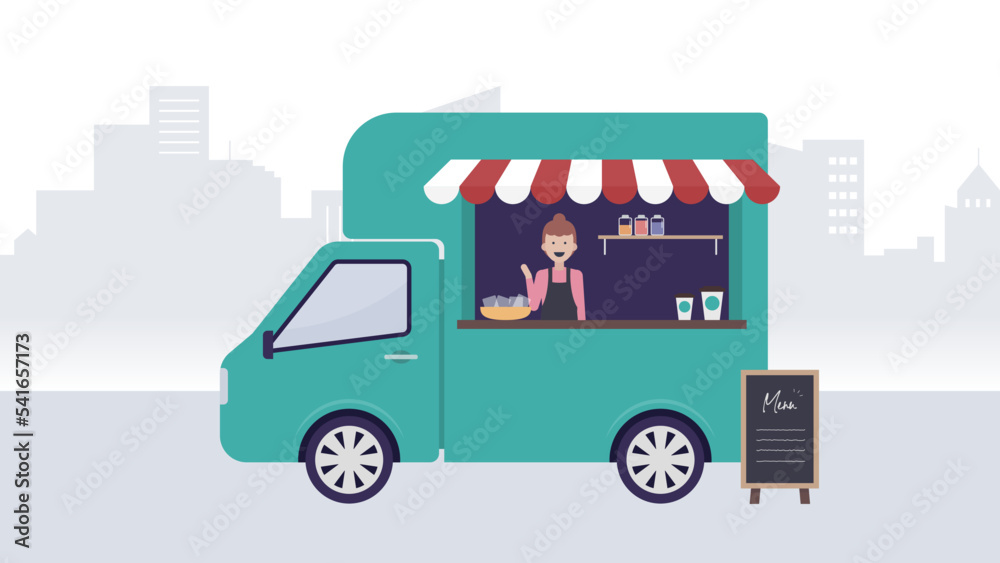 キッチンカーで移動販売を開業した若い女性店長のイラスト素材|mayucolor03 キッチンカーで移動販売を開業した若い女性店長のイラスト素材|mayucolor03