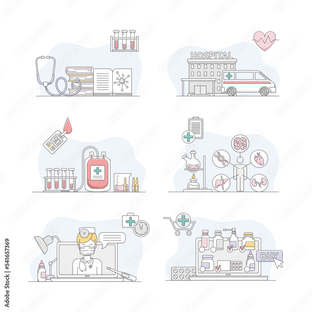 Pharmacy, science and medical care signs set. First aid, online consultation, chemical lab research linear vector illustration