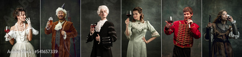 Wine tasting. Set of images of actors and actress in image of medieval royalty persons from famous artworks in vintage clothes on dark background. photo