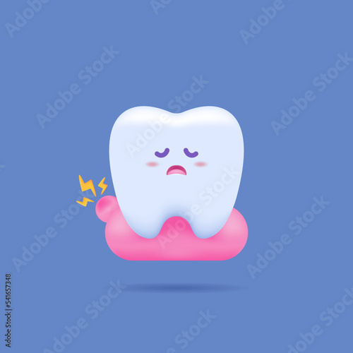 swollen or inflamed gums. gingivitis and pain. gum and dental health. sad, funny, cute, and adorable tooth character. gloomy expression. 3d illustration design. vector