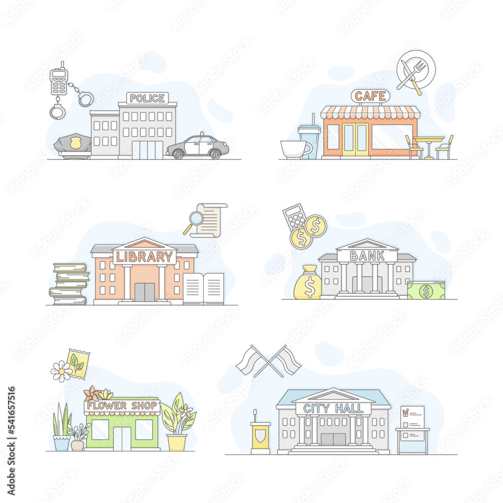 Public buildings facades set. Police, cafe, library, bank, flower shop, city hall vector illustration