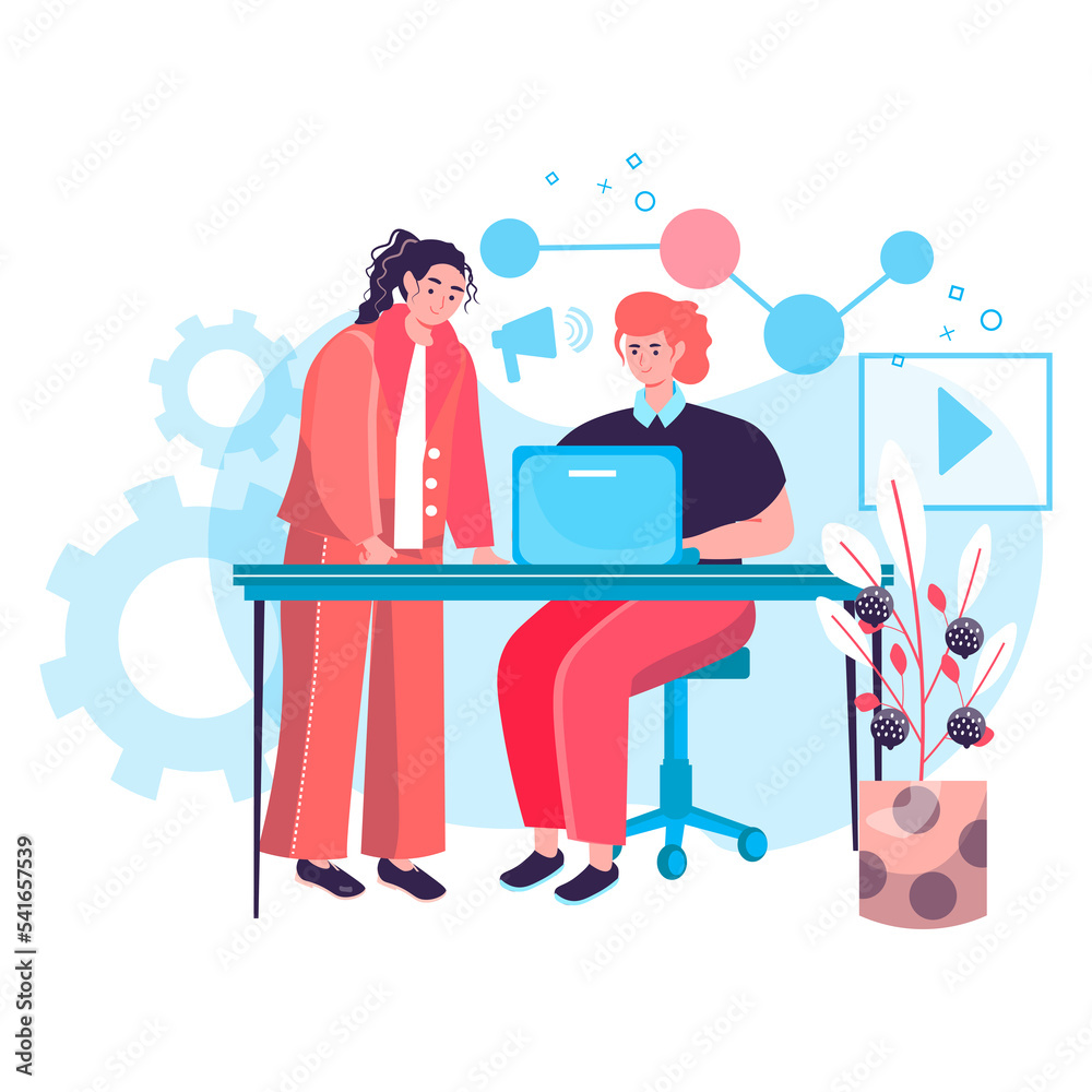 Digital marketing concept. Marketers team working together in office, create advertising content, promote in social network character scene. Illustration in flat design with people activities