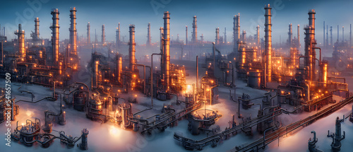 Artistic concept illustration of a aerial oil refinery, background illustration.