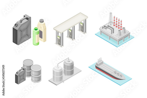 Oil and gas industry elements set. Jerrycan, gas station, barrel, drilling rig production platform, tanker ship isometry vector illustration