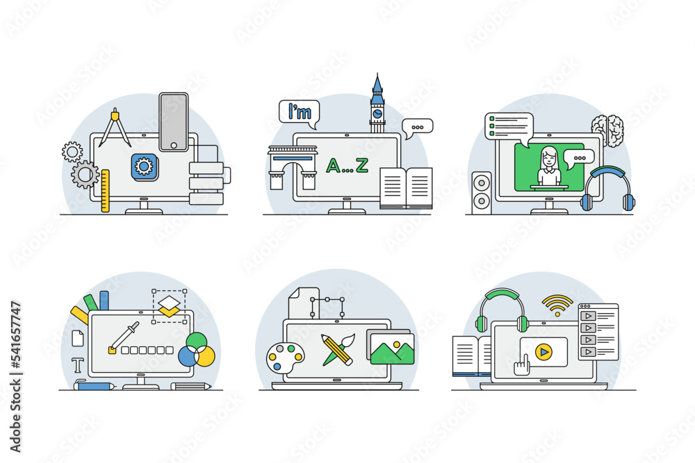 Computer programs on screen set. Management, marketing, research, e ...