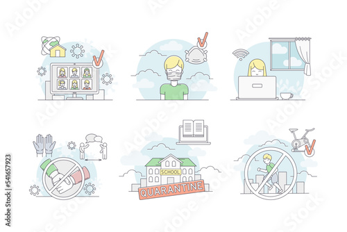 Coronavirus protection tips set. Remote education, mask wearing, distance between people vector illustration