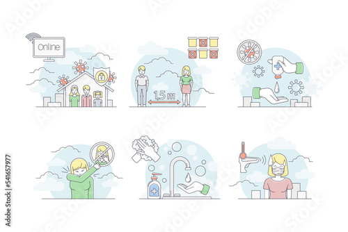 Coronavirus protection tips set. Remote education and work, prevention of coughing and sneezing, mask wearing, washing hands, distance between people vector illustration