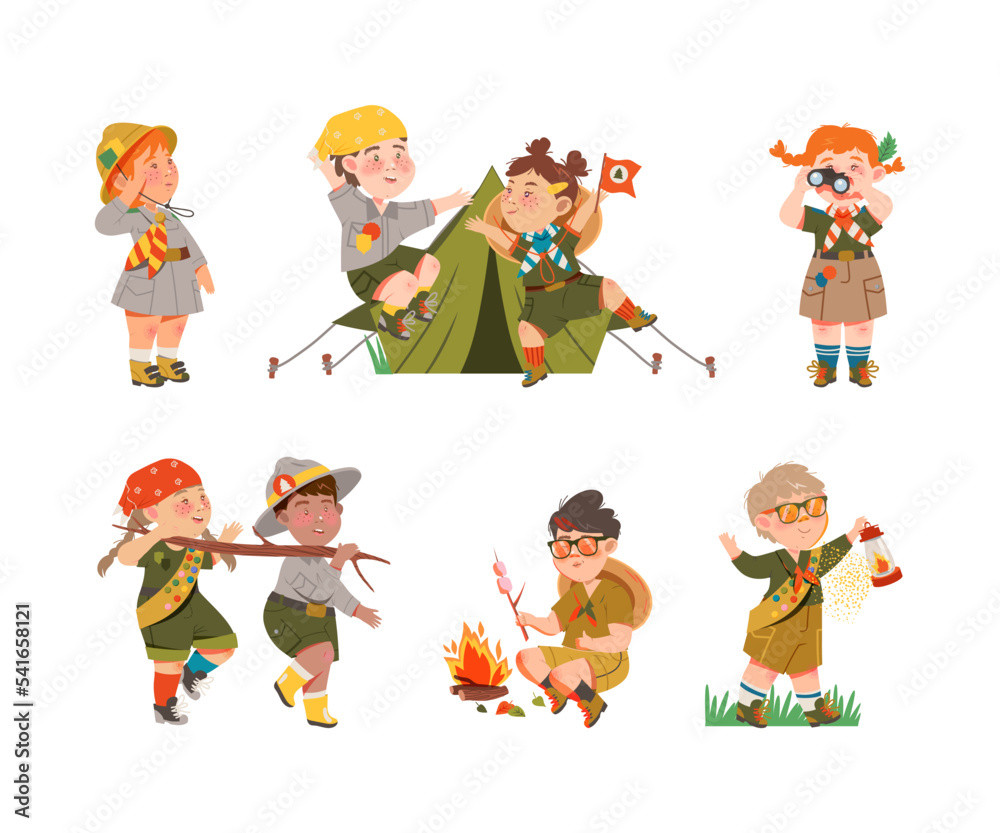 Scouting kids set. Boys and girls in scout uniform with hiking ...