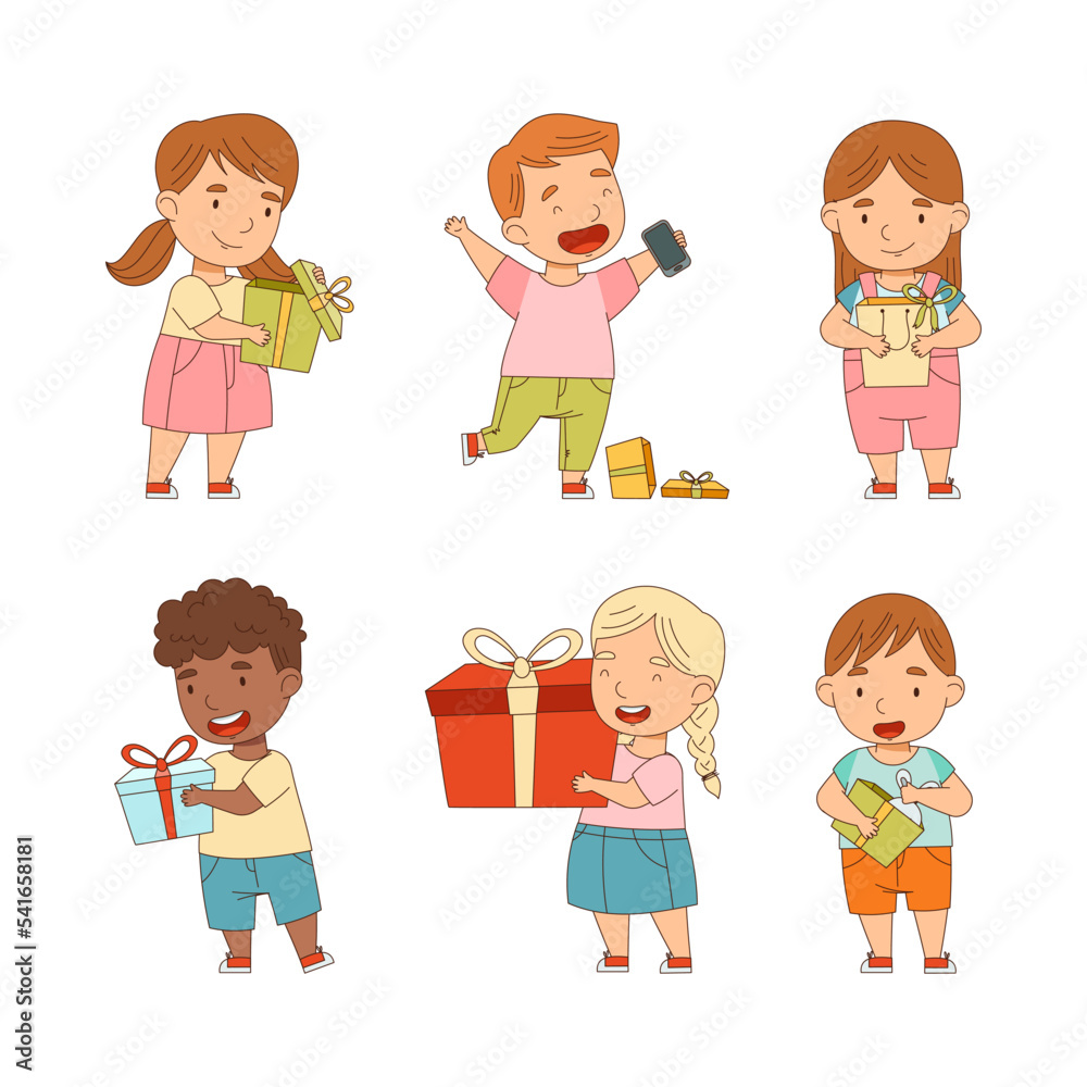 Happy kids with gift boxes set. Cute boys and boys unpacking presents cartoon vector illustration Happy kids with gift boxes set. Cute boys and boys unpacking presents cartoon vector illustration