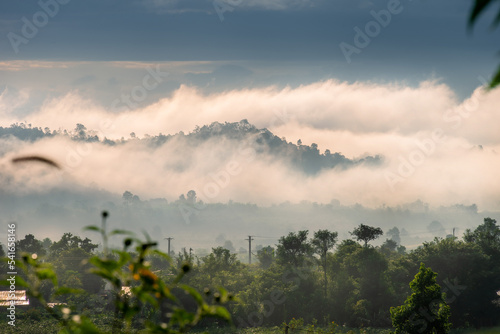 view of the town and mountain in the early morning mist is beautiful in the highlands of Gia Lai, Kontum, Vietnam. Nature landscape, mountain and foggy far away