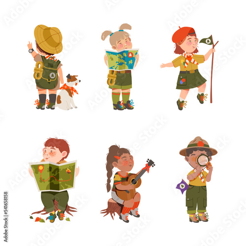 Scouting kids set. Cute boys and girls characters in scout uniform cartoon vector illustration