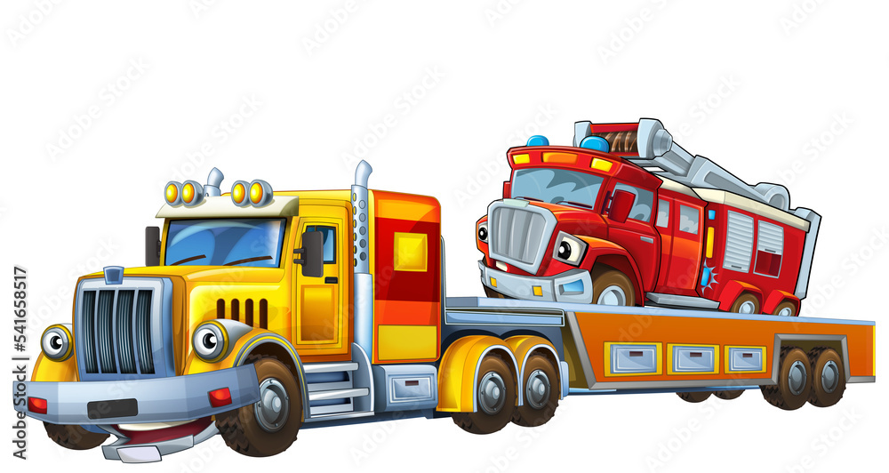 Naklejka premium cartoon tow truck driving with other car fireman